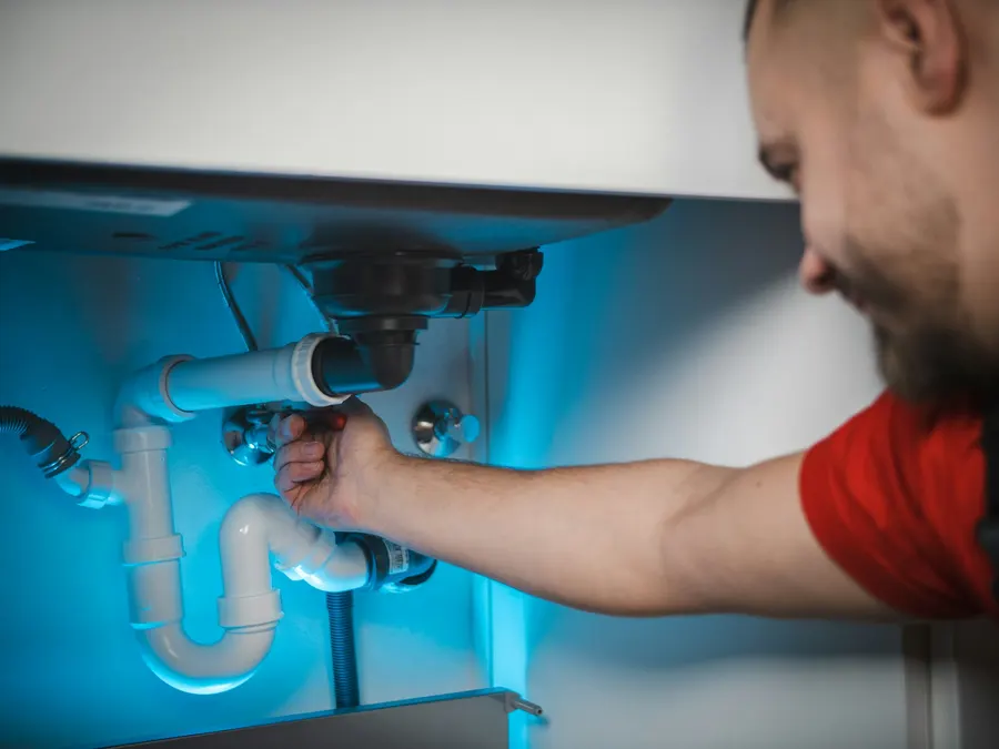 Tradesperson repairing plumbing under a sink